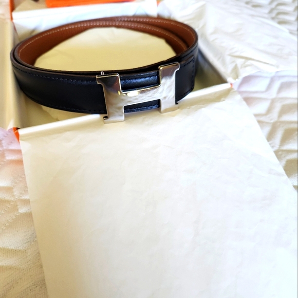 New, Hermes Sterling Silver Buckle & Reversible Leather Belt In Black Or Brown - Picture 9 of 12